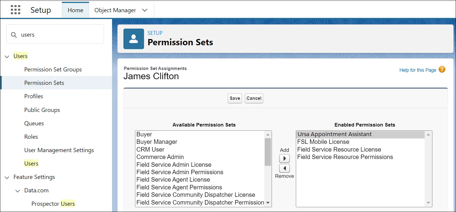 James Clifton’s permission set with Ursa Appointment Assistant enabled