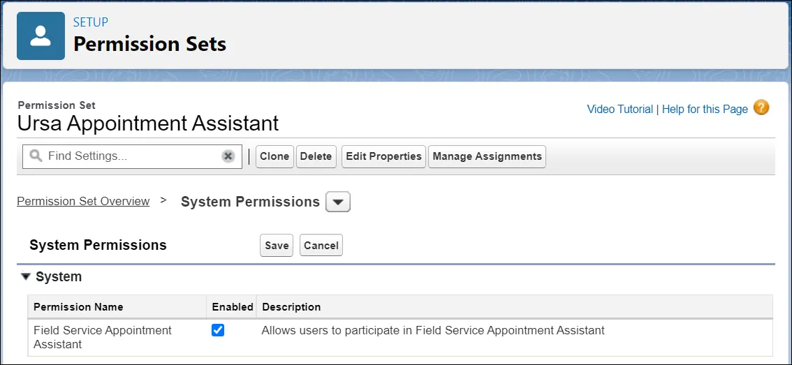 [Field Service 予定アシスタント] が有効になっている Ursa Appointment Assistant 権限セット