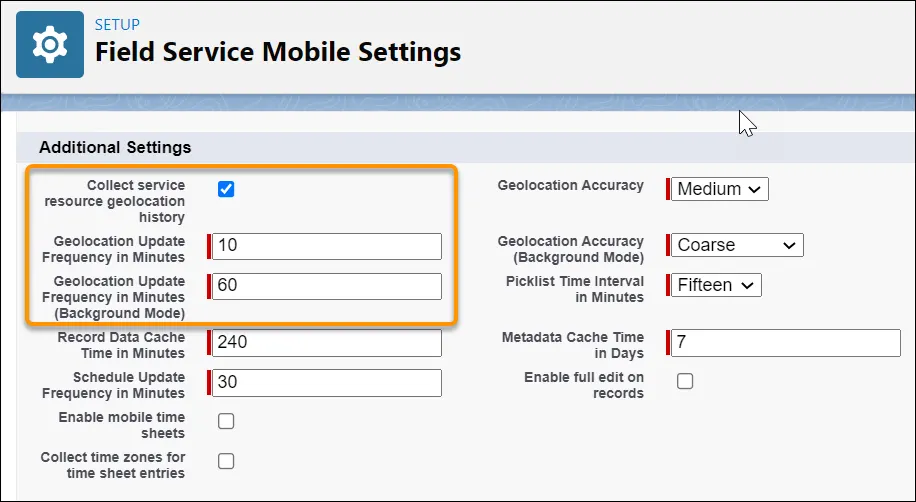Field Service Mobile settings pane with the values filled in