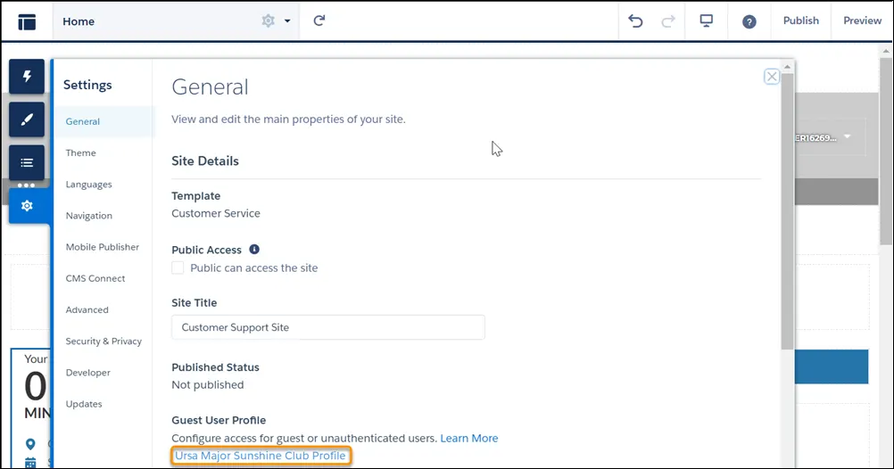 Settings pane displaying Guest User Profile and the link for Ursa Major Sunshine Club Profile