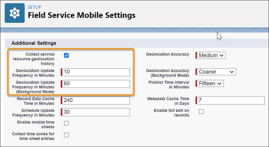 Field Service Mobile settings pane with the values filled in