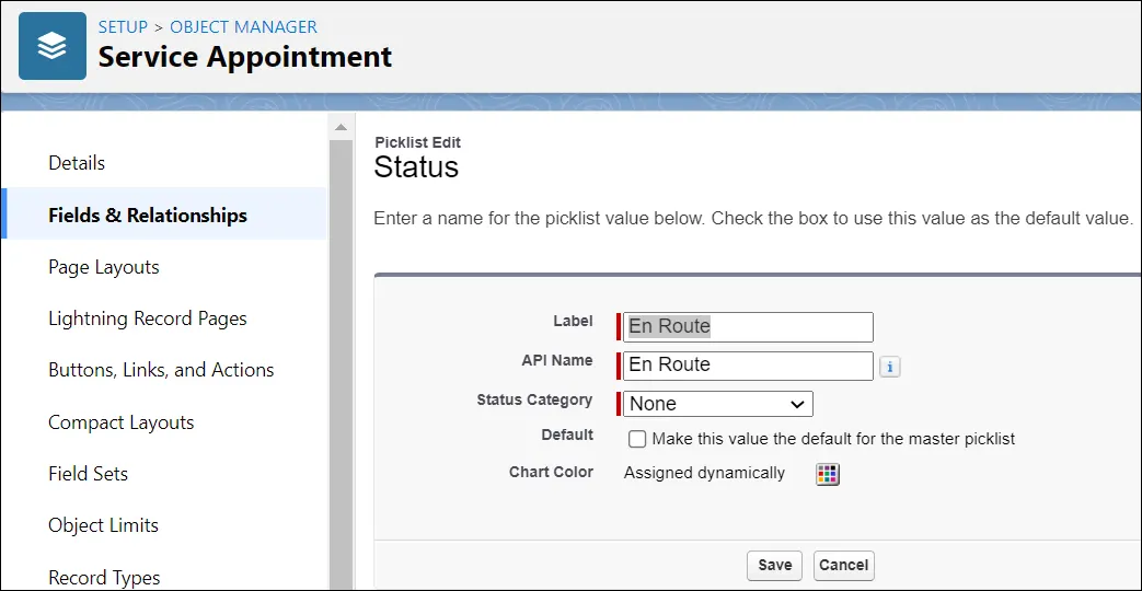 Status Picklist with values filled out for En Route