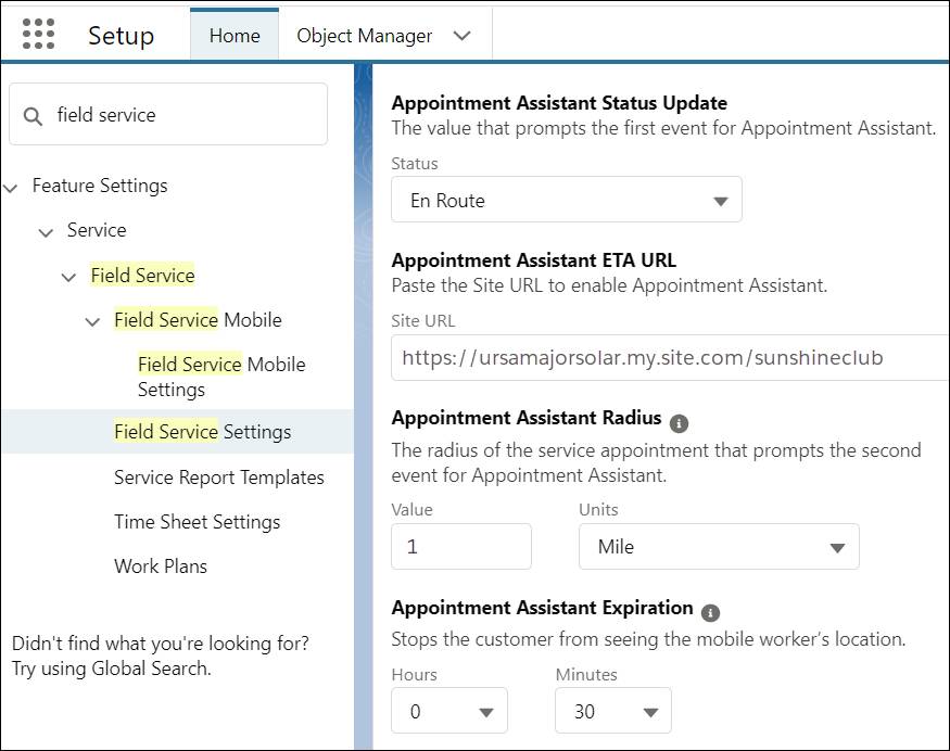 予定アシスタントの値が入力された Field Service 設定