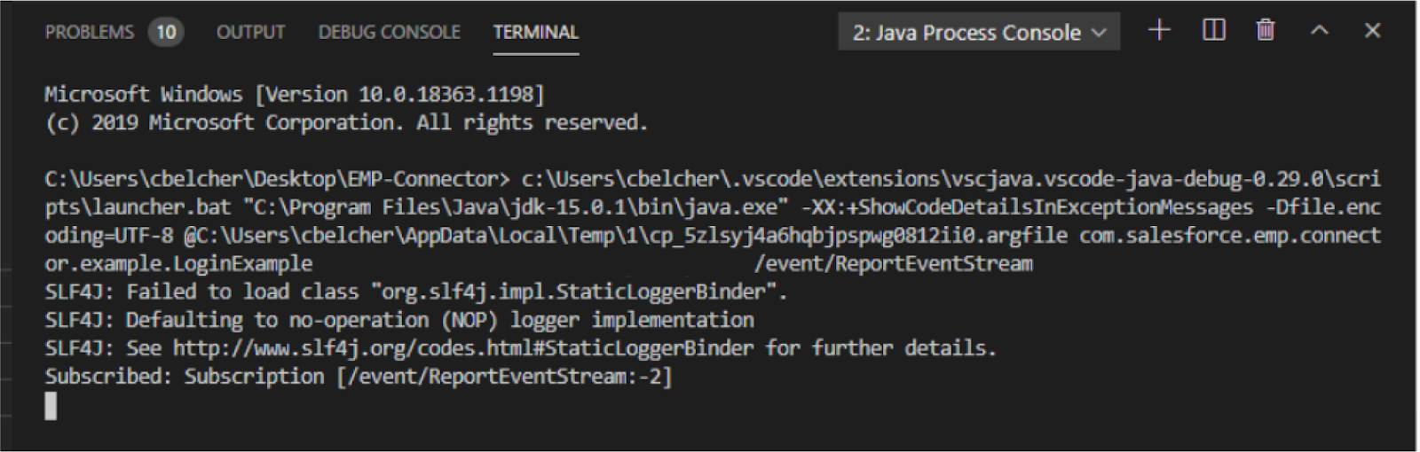 A terminal window in the Java Process Console that shows the code associated with the subscription