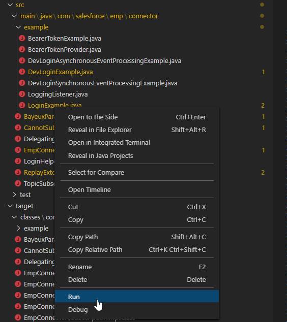 The menu in Visual Studio Code with main/java/com/salesforce/emp/connector/example/LoginExample.java expanded and the mouse clicking on the Run button.