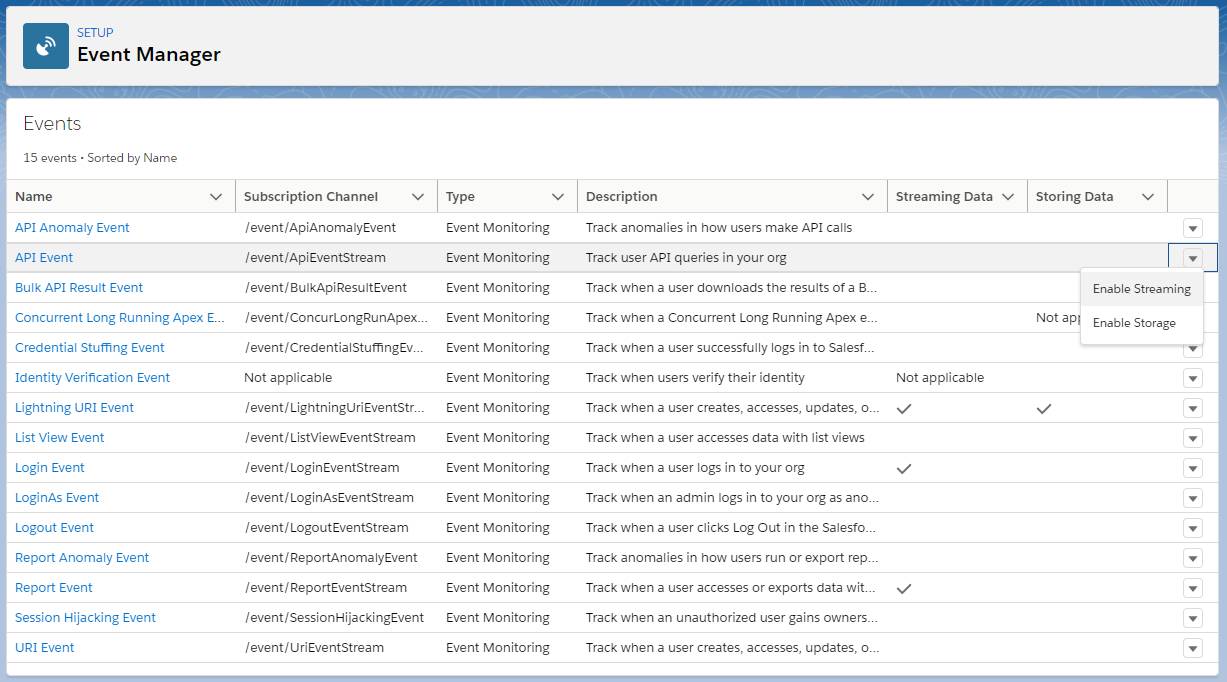 [設定] の [イベントマネージャー] に、イベントとその名前、登録チャネル、種別、説明、そしてイベントがデータのストリーミング、データの保存、その両方のどれに該当するかが表示されています。
