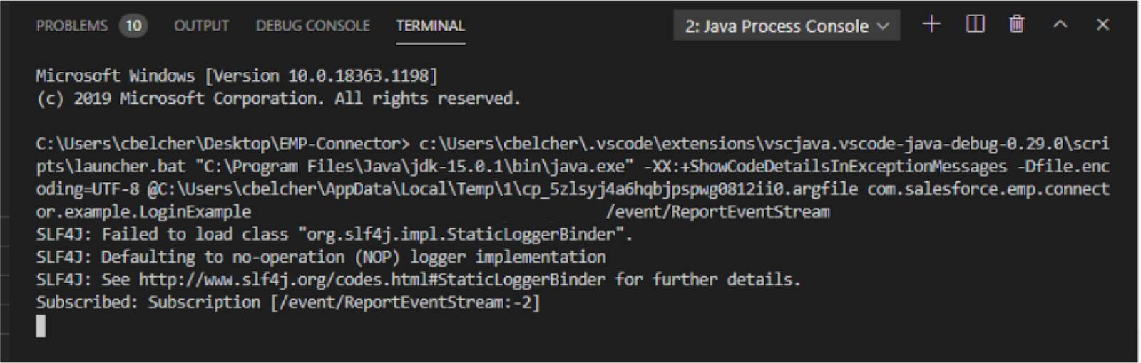 サブスクリプションに関連するコードを示す、Java Process Console のターミナルウィンドウ