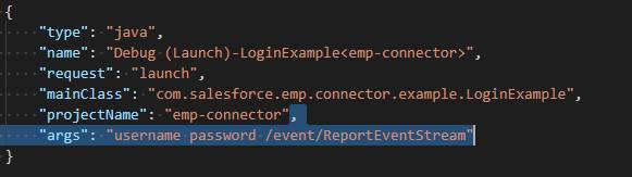 Visual Studio Code Java Extension Pack を表示するコードブロックで、“args”: “username password /event/ReportEventStream” が強調表示されています。