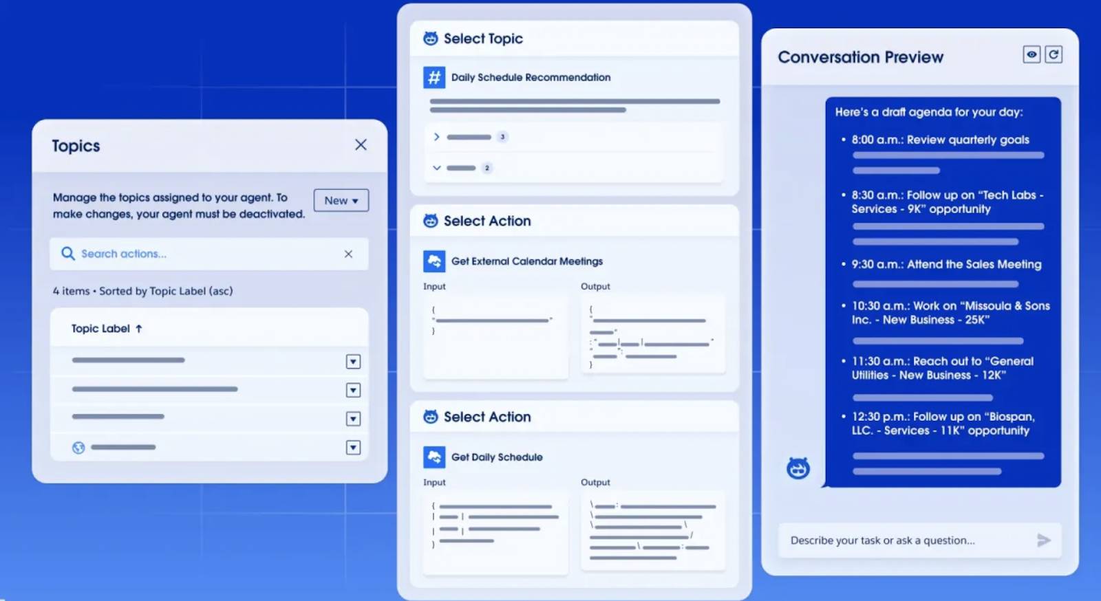 Il ragionamento consente agli agenti di utilizzare argomenti, azioni e istruzioni per dare una mano su attività aziendali quotidiane, come la creazione di un programma giornaliero.