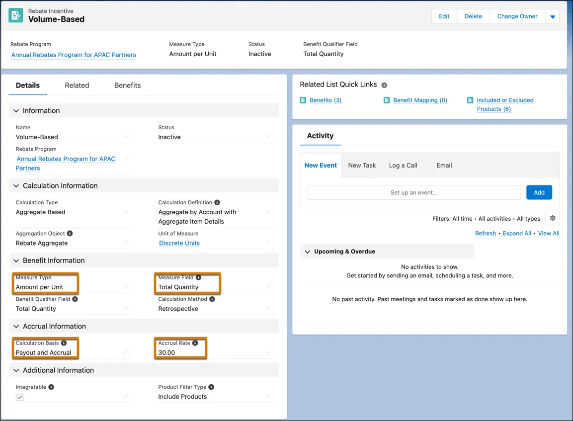 The record page of the Volume-Based rebate type with the fields related to accrual calculations highlighted