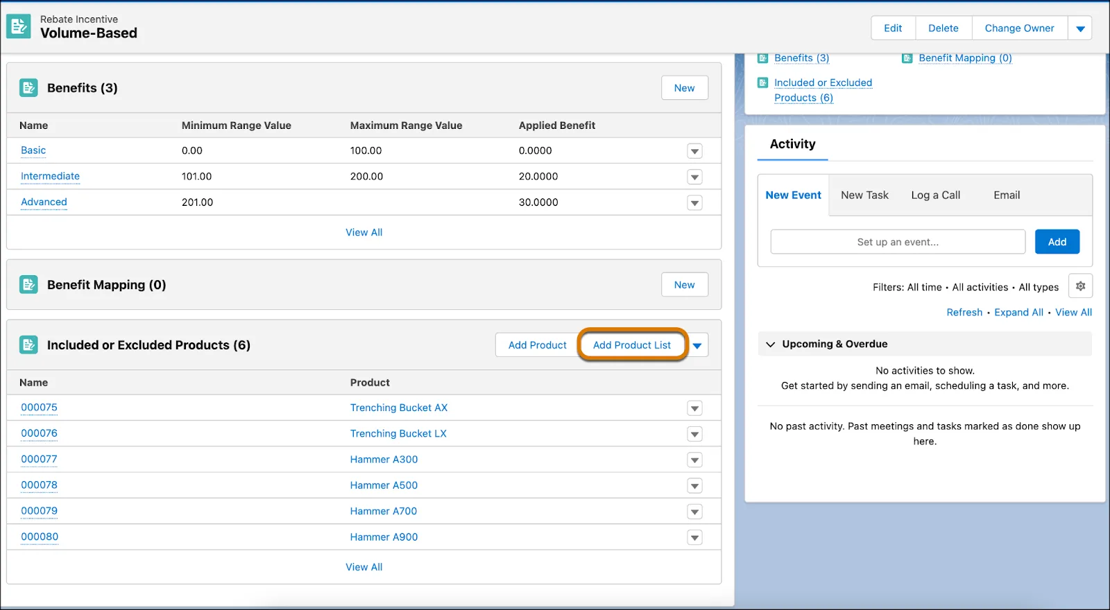 The record page of the Volume-Based rebate type showing the Included or Excluded Product list and the Add Product List action