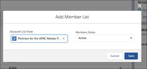 The Add Member List window showing the account list view name and member status