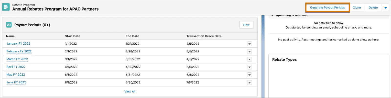 支払期間と [支払期間を生成] アクションが表示されている [Annual Rebates Program for APAC Partners (APAC パートナー年間リベートプログラム)] のレコードページ