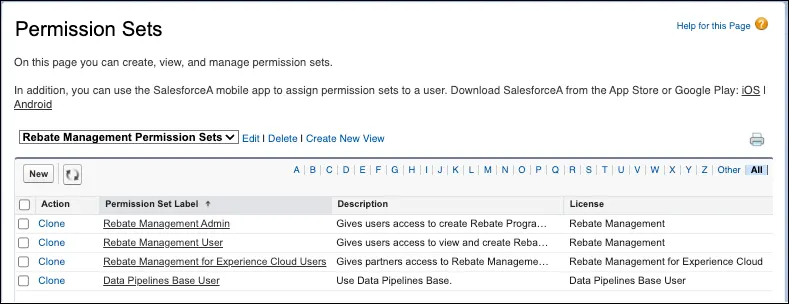 The page in Setup showing permission sets for Rebate Management