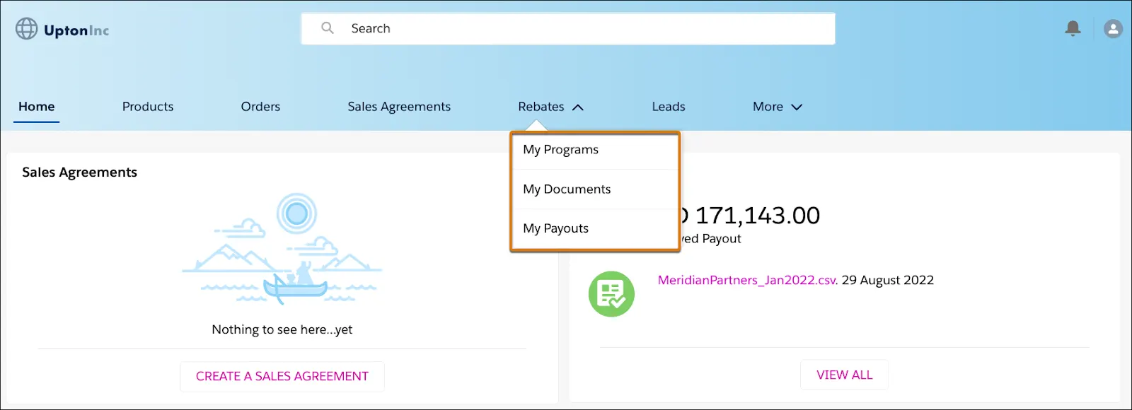 The Rebates tab on the Experience Cloud portal showing the options to view programs, documents, and payouts