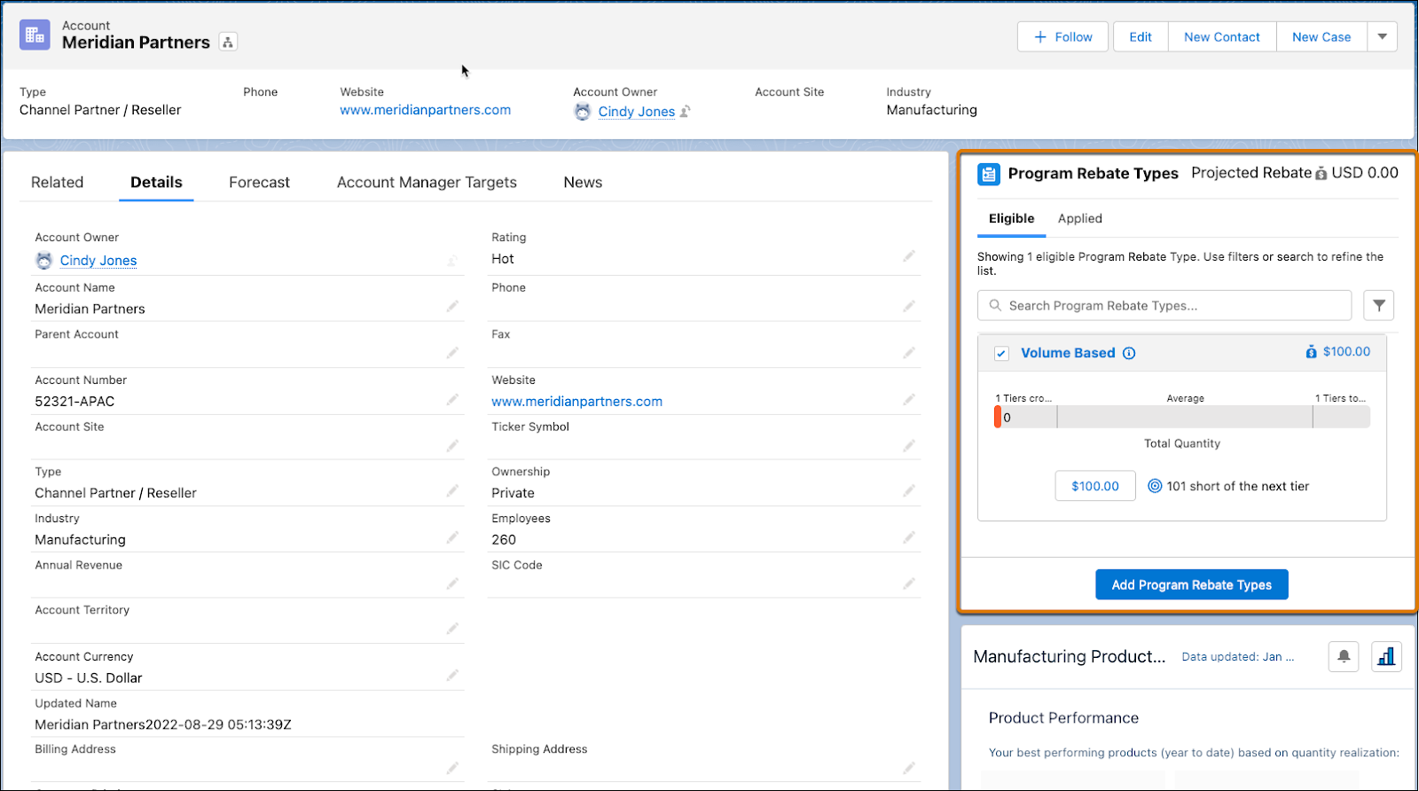 The Program Rebate Type panel on the Account page