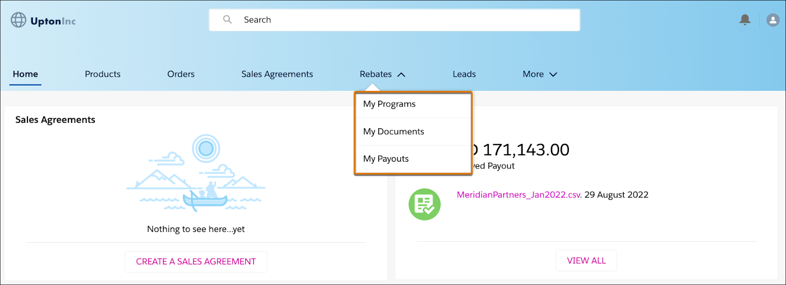 The Rebates tab on the Experience Cloud portal showing the options to view programs, documents, and payouts