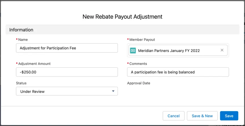 The New Rebate Payout Adjustment page