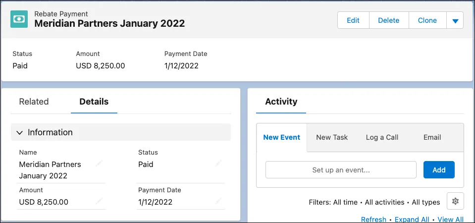 The Rebate Payment record showing Meridian Partners’ payout