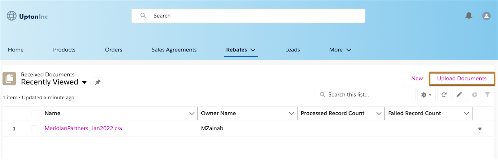 The Experience Cloud portal showing the Upload Documents action, which partners can use to upload transaction files