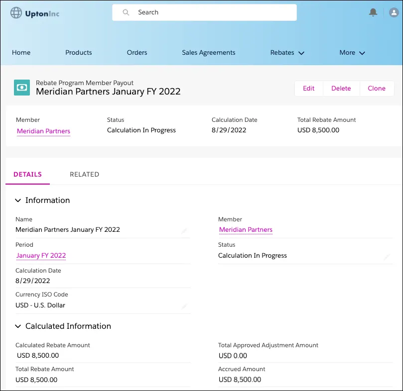 A Rebate Program Member Payout record for Meridian Partners on the Experience Cloud portal