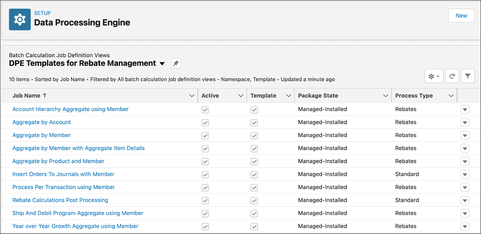 The Data Processing Engine page showing a list of definitions for rebates