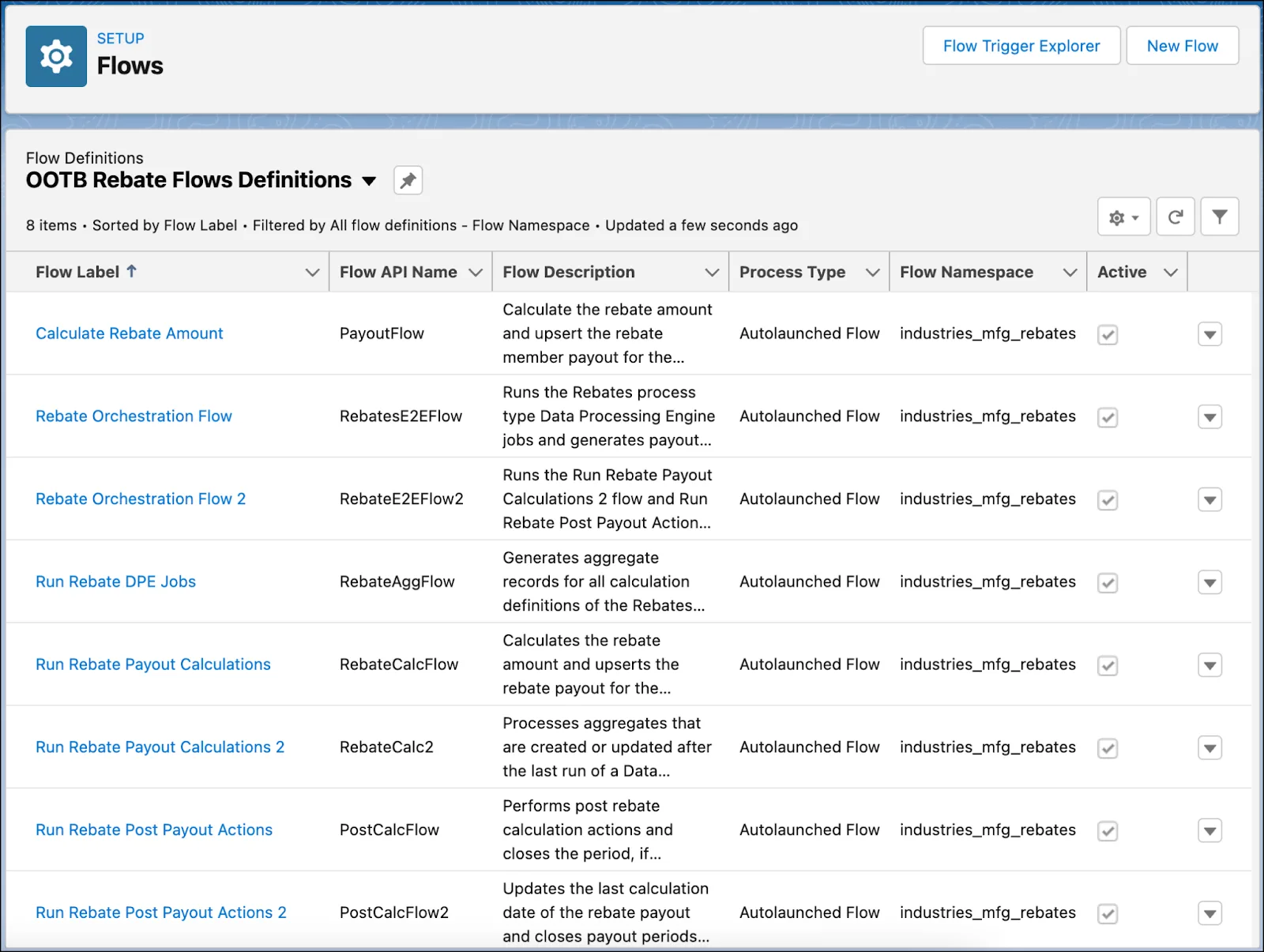 The Flows page in Setup showing a list of predefined flows