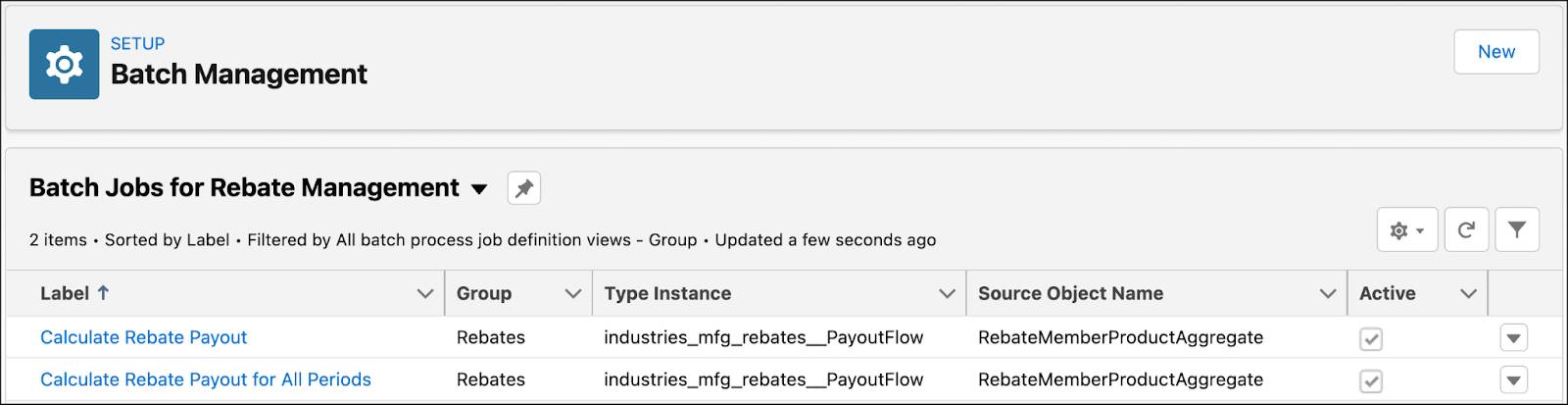 The Batch Management page showing the Calculate Rebate Payout batch job