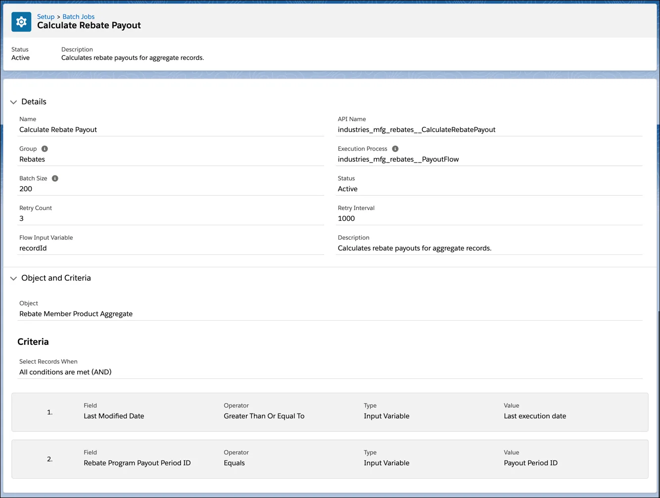 The Calculate Rebate Payout page showing details of the batch job