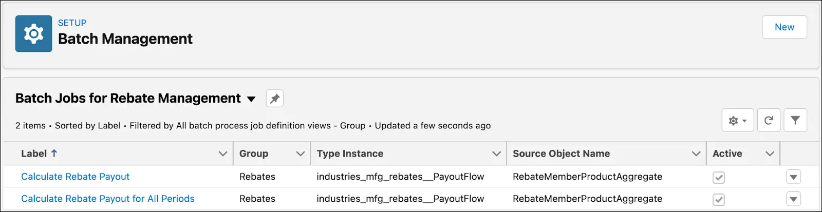 The Batch Management page showing the Calculate Rebate Payout batch job