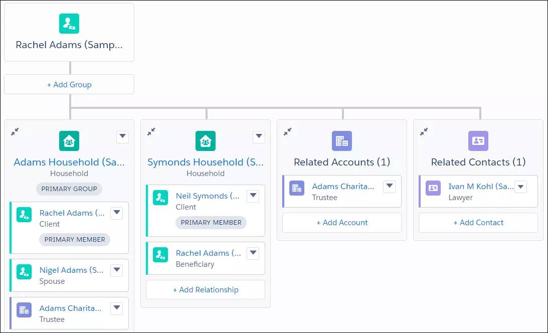 Relationship map for Rachel Adams showing her two households, related accounts, and related contacts.