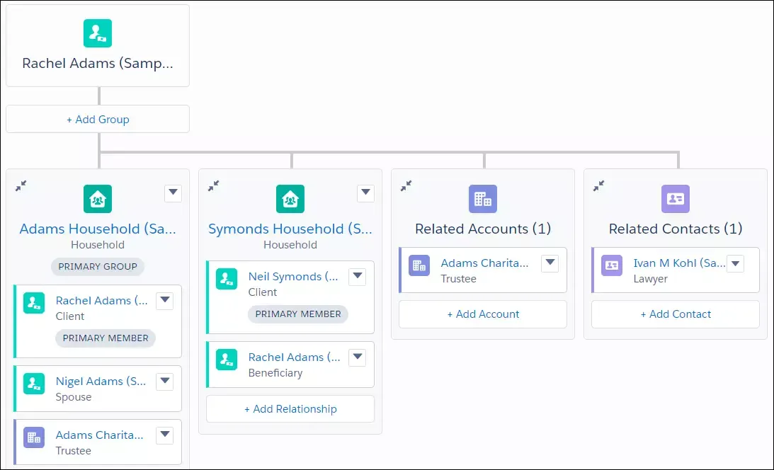 Relationship map for Rachel Adams showing her two households, related accounts, and related contacts.