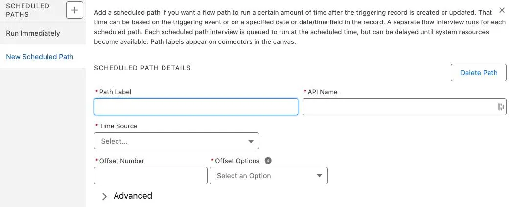 The Scheduled Paths panel. Fields include Path Label, API Name, Time Source, Offset Number, and Offset Options.