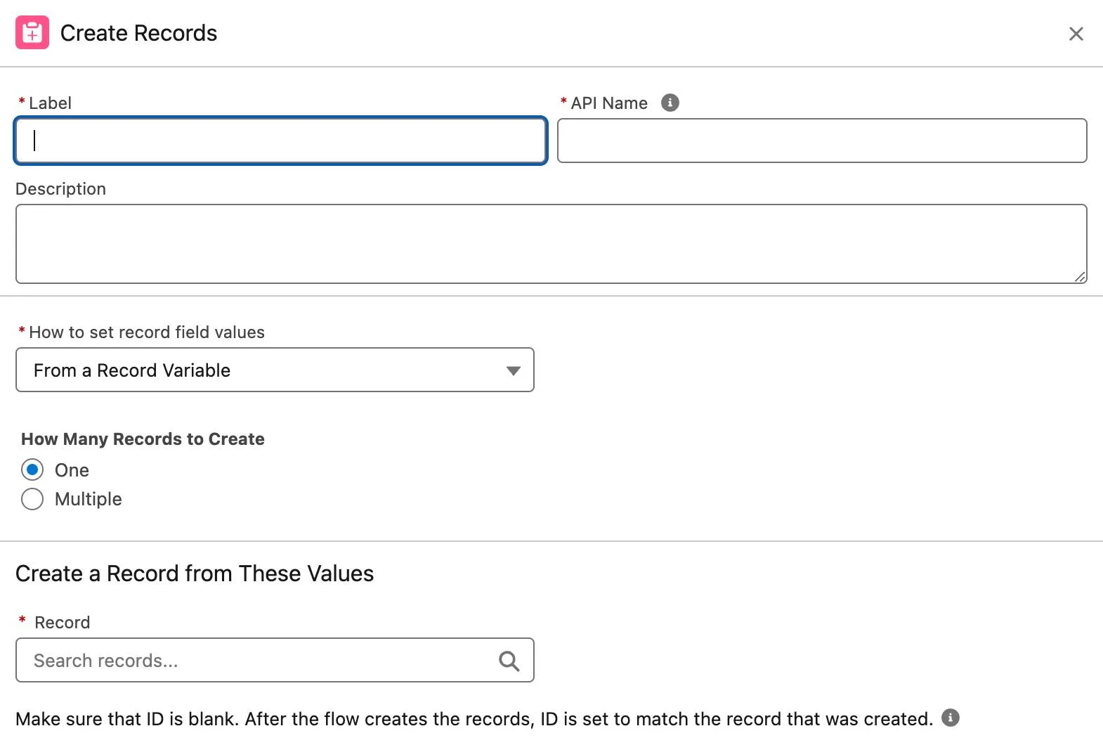El panel New Create Records (Nueva creación de registros). Los campos incluyen Label (Etiqueta), API Name (Nombre de API), Description (Descripción), How Many Records to Create (Cuántos registros crear) y How to Set the Record Fields (Cómo establecer los campos de registro).