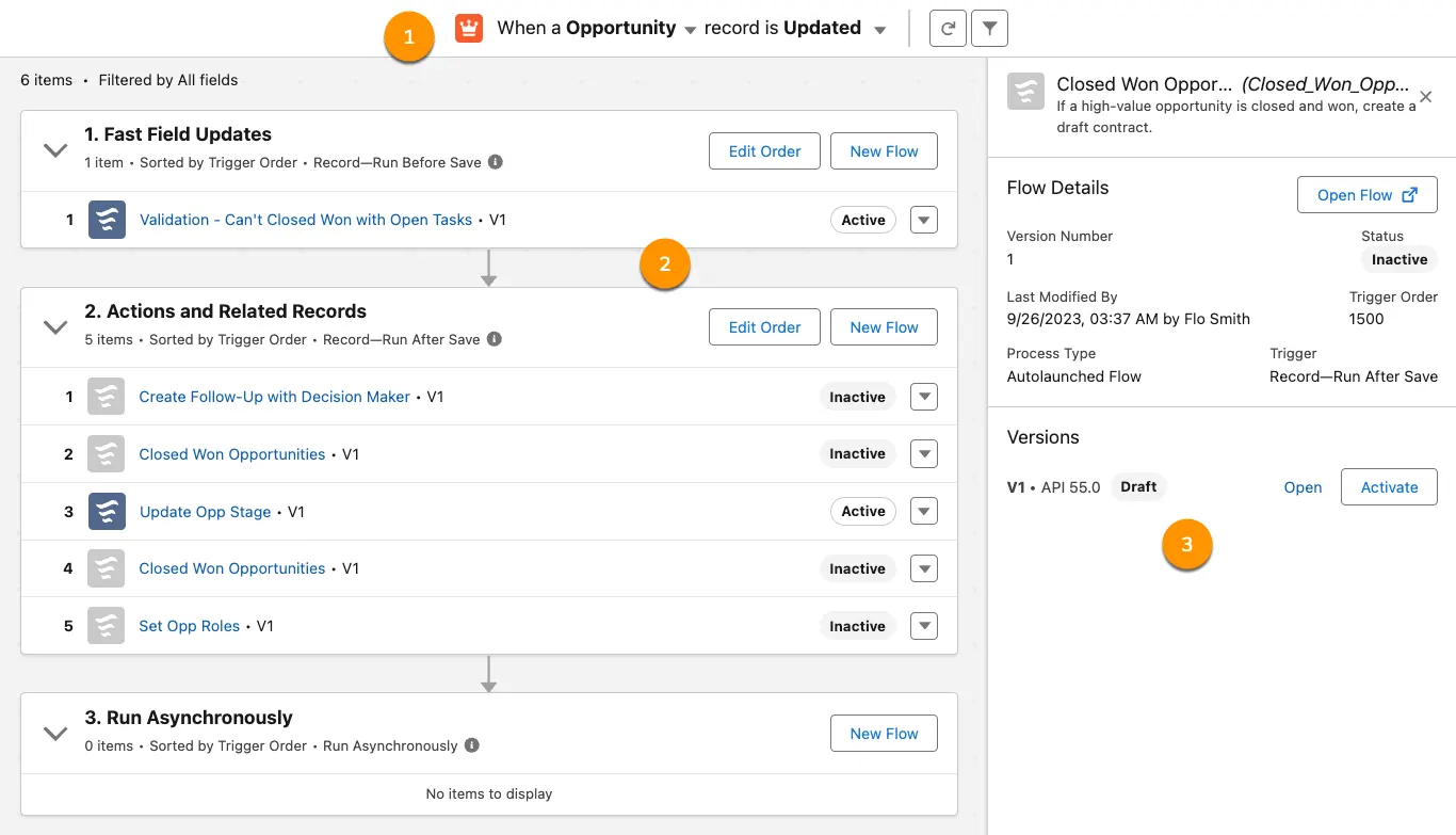 Numbered sections of the Flow Trigger Explorer screen corresponding to the descriptions that follow.