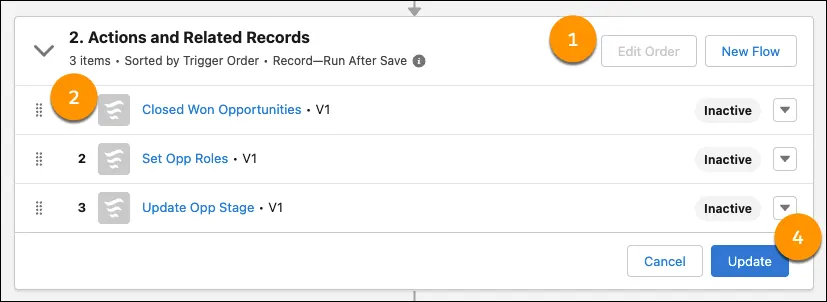 Numbered callouts in Flow Trigger Explorer, showing the locations of the controls in the previous steps.