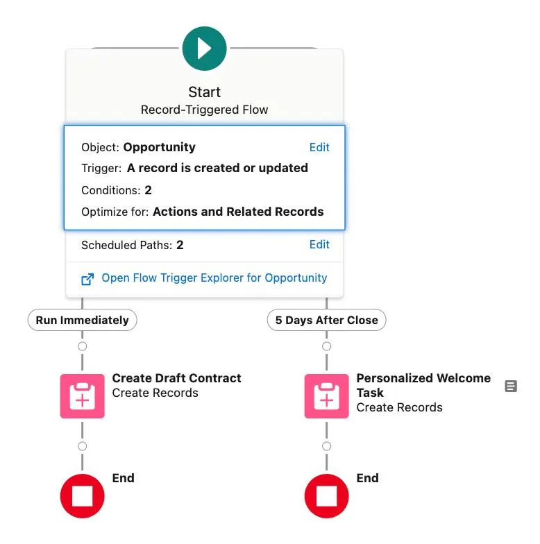 Completed record-triggered flow with 2 paths: run immediately and 5 days after.