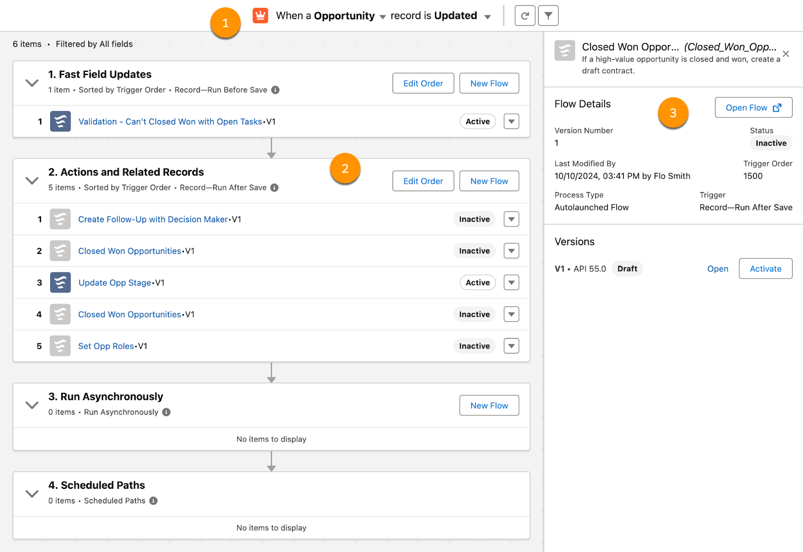 Seções numeradas da tela Flow Trigger Explorer correspondentes às descrições a seguir.