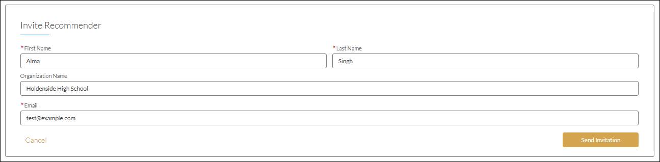 申込者ポータルの [Invite Recommender (推薦者を招待)] フォーム。