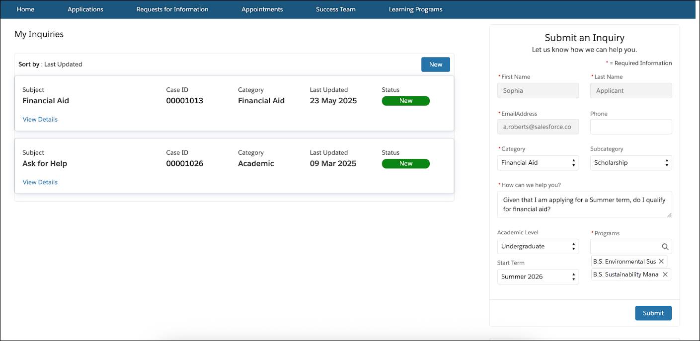 The Submit an Inquiry form on the applicant portal.