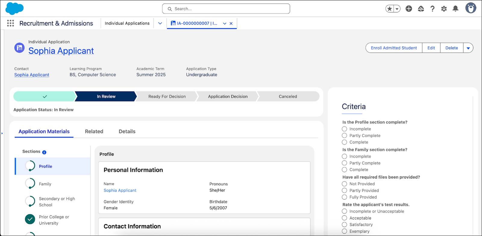 The application materials and scoring rubric on the individual application record.