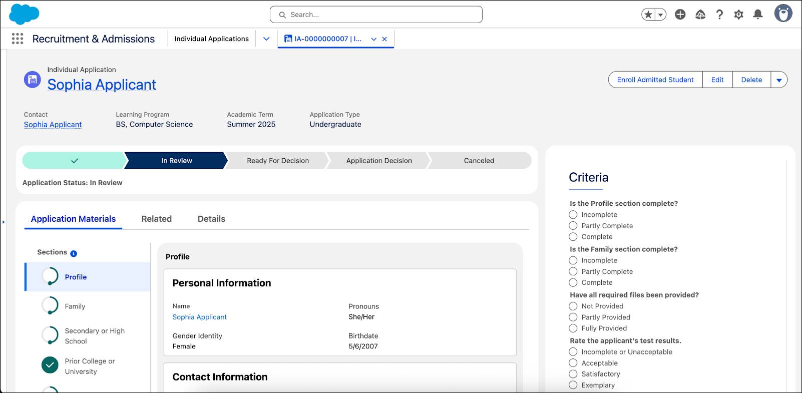 The application materials and scoring rubric on the individual application record.