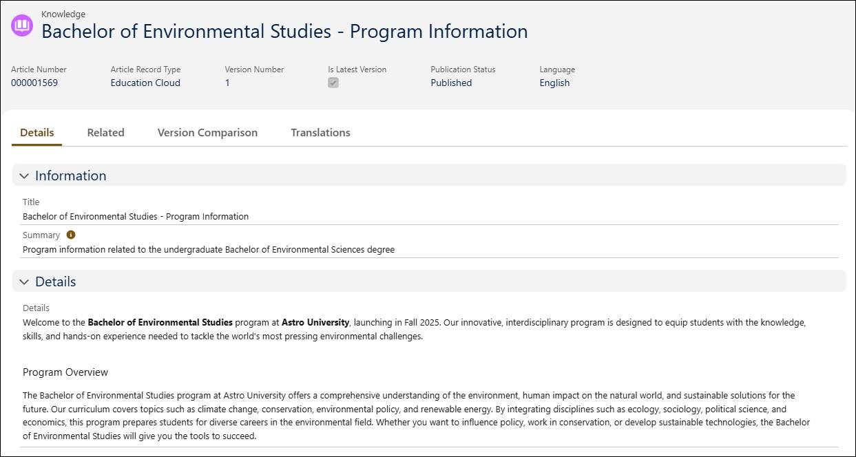 The knowledge article for Environmental Studies program.