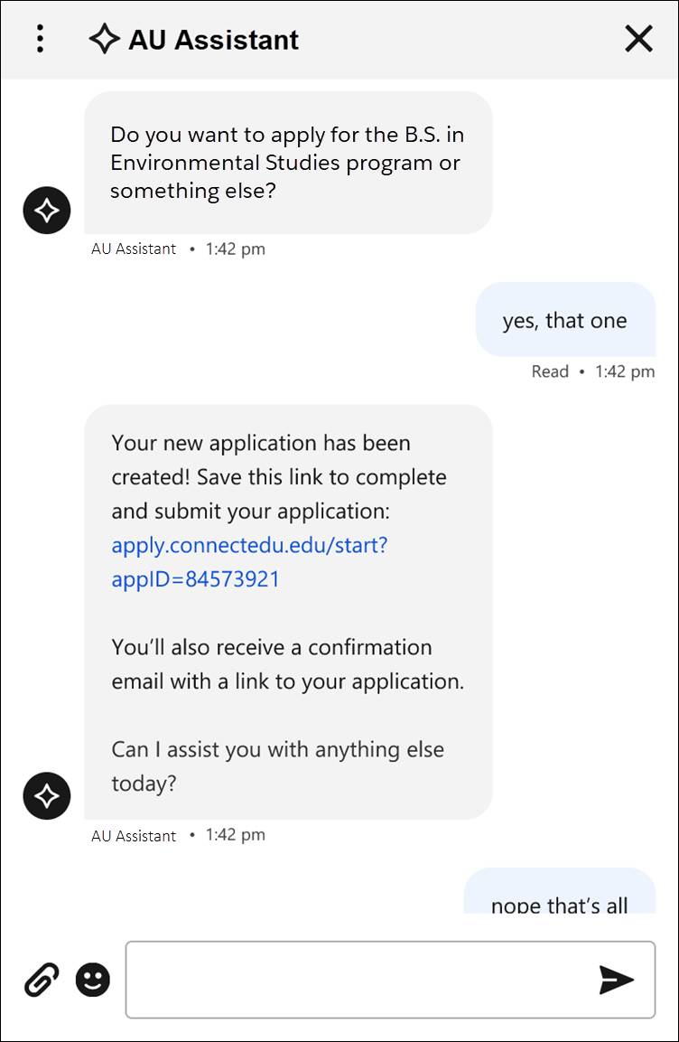 The application conversation with the Student Recruitment Agent.