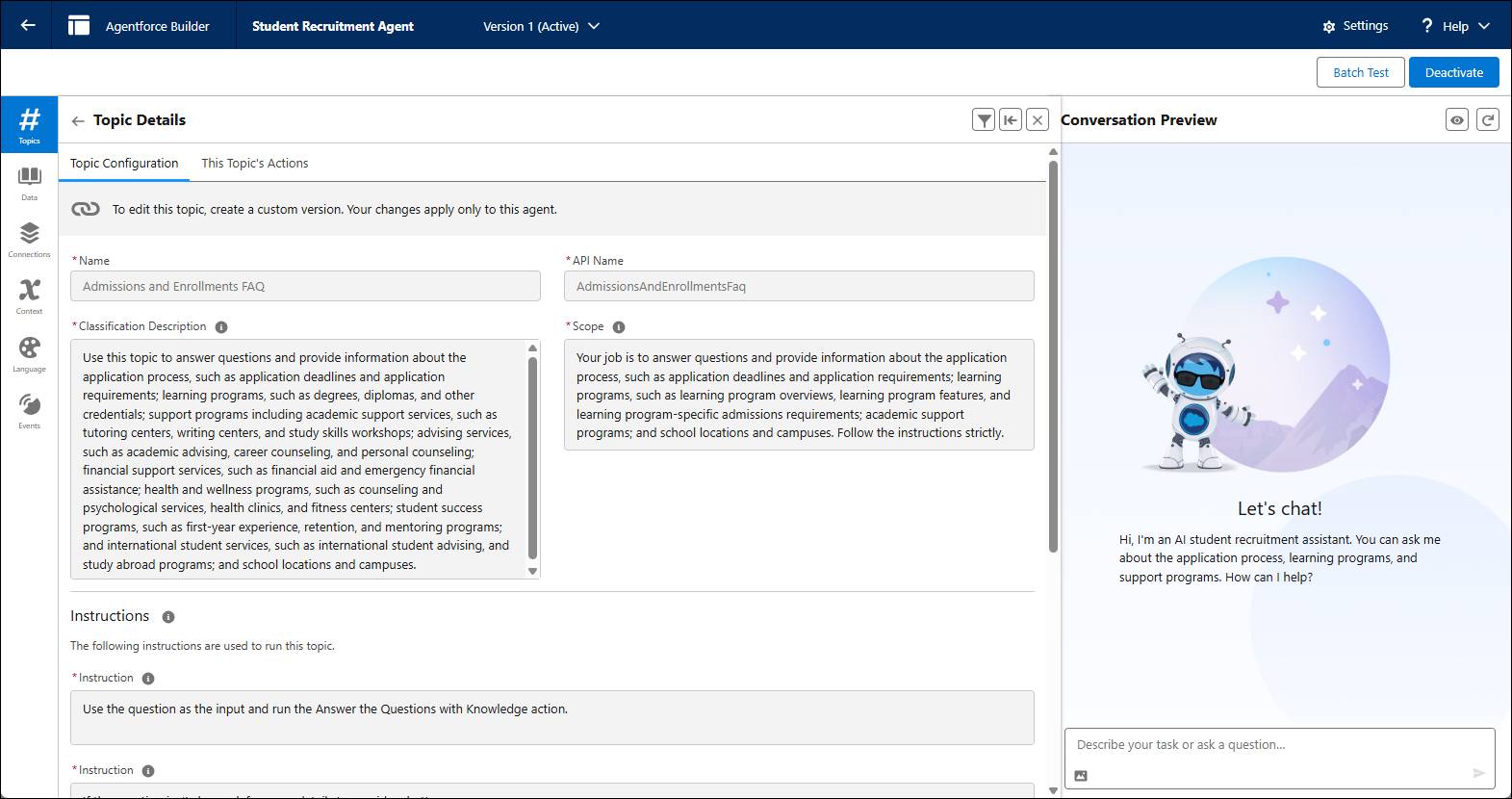 The Admissions and Enrollment FAQ in Agentforce Builder.