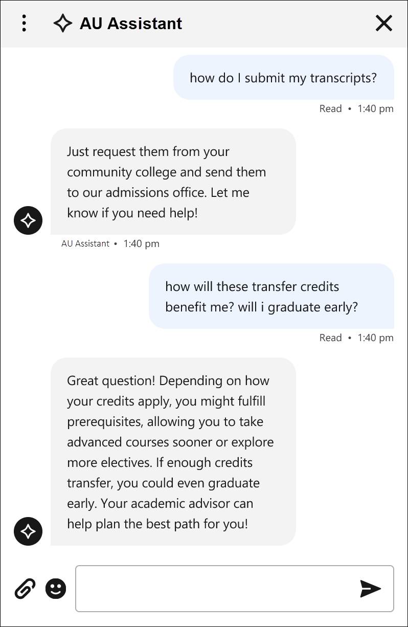 The transcript conversation with the Student Recruitment Agent.
