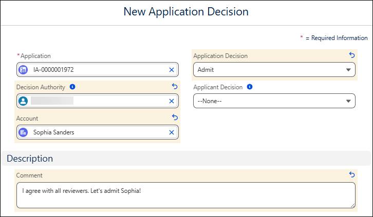 The New Application Decision window.