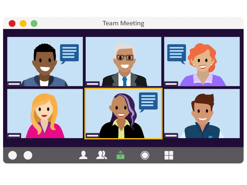 A virtual team meeting with each teammate on screen and one highlighted, making an inspiring suggestion causing everyone to smile