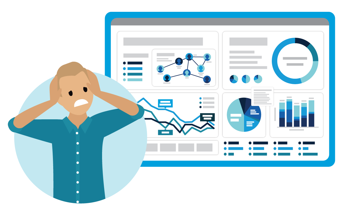 An overwhelmed-looking person puts their hands to their head as they consider an overloaded, indecipherable dashboard.