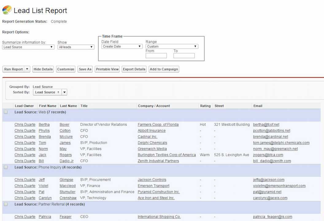 Lead list report